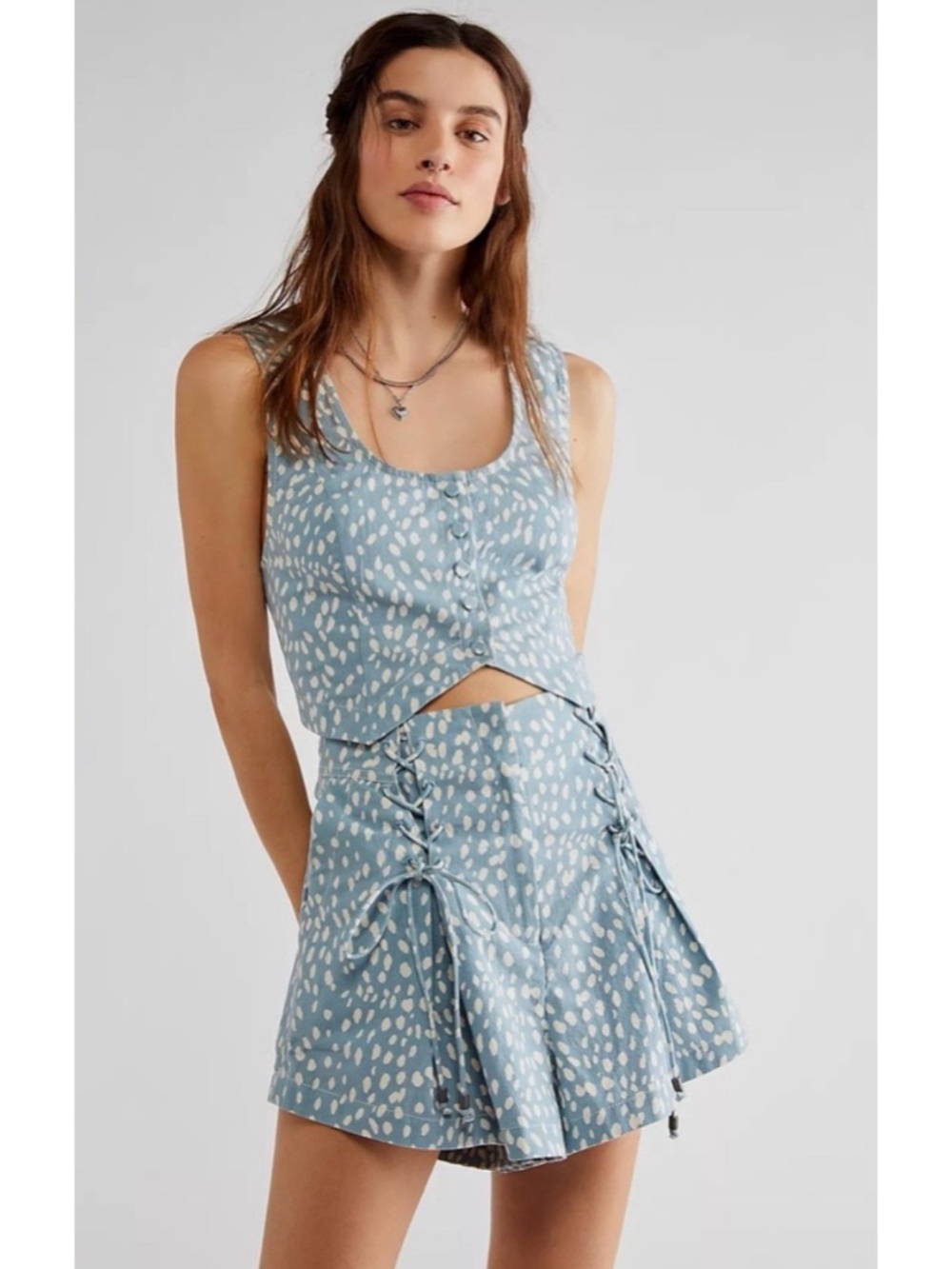 Free People Bennett Crop Cotton Top & Shorts Set- Blue White